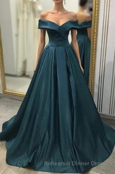 A-line Off the Shoulder Long Semi Formal Prom Dresses Satin Semi Formal Prom Evening Gowns